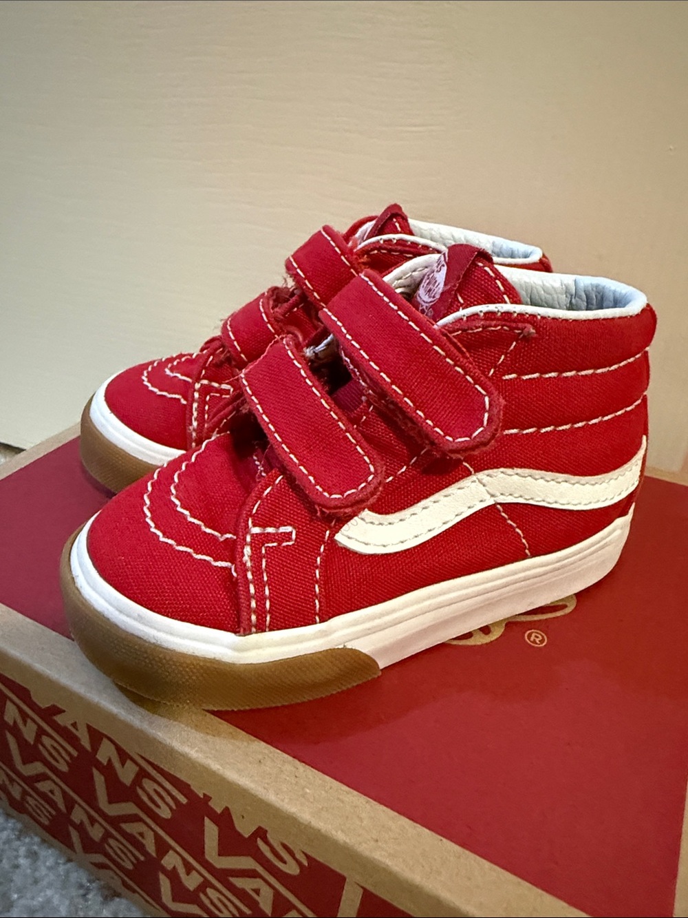 Vans Kids Red High-Top Velcro Sneakers with White Side Stripe